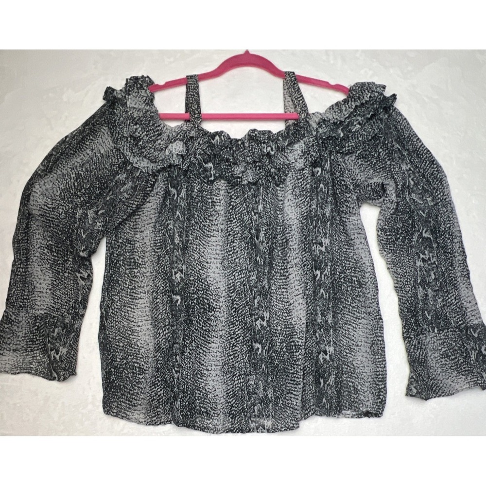 Ashley Stewart Top Women 2XL Black White Gray Sheer Off Shoulder Blouse Shirt